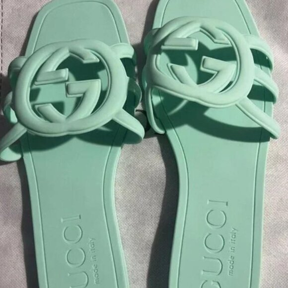 Gucci Womens Interlocking Sandals Slides Rubber Size 9 Pale Blue New - Picture 1 of 4